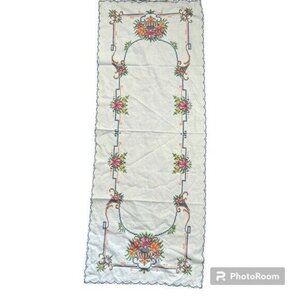 Vintage 1950s MCM Hand Embroidered Cross Stitch Table Runner Cotton Linen
